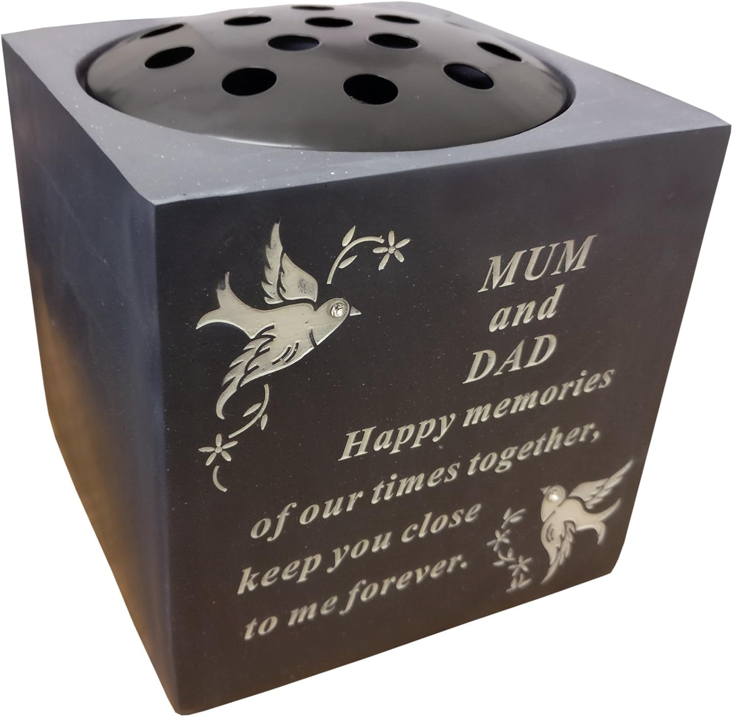 Mum & Dad Slate Grey Memorial Flower Vase – Dove & Diamante Detail Grave Plaque Tribute