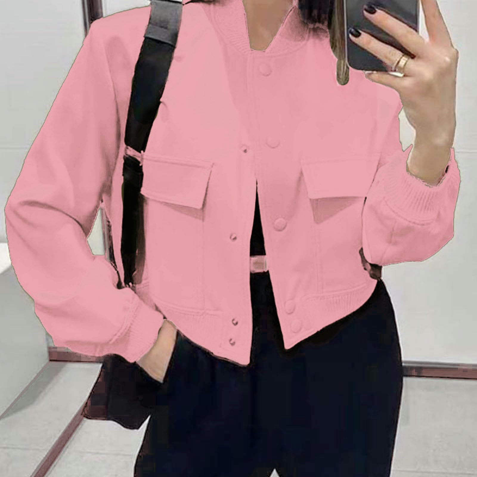 Frühling europäische und Amerika Mode neues Temperament Pendler Rundhals einreihige Langarmjacke-Rosa-3XL