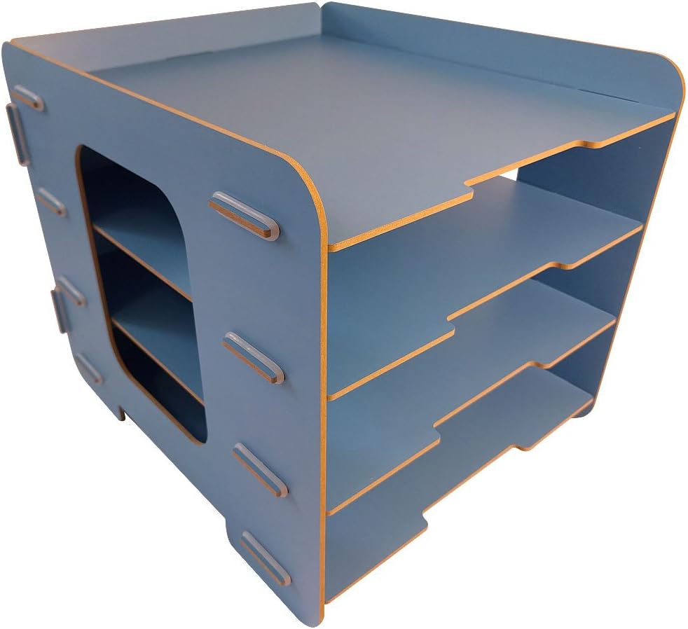 Desk Paper Organizer Blue Office Letter Tray! Easy No Tools! A4 Sorting 4 Wood Shelf by BambooFul