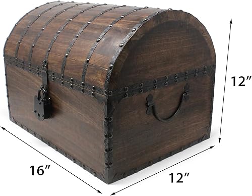 Miniatura 4 de Nautical Cove Cofre del tesoro de madera con remaches decorativos y tiras de hierro de refuerzo con cerradura de hierro y llaves de esqueleto (XL 16