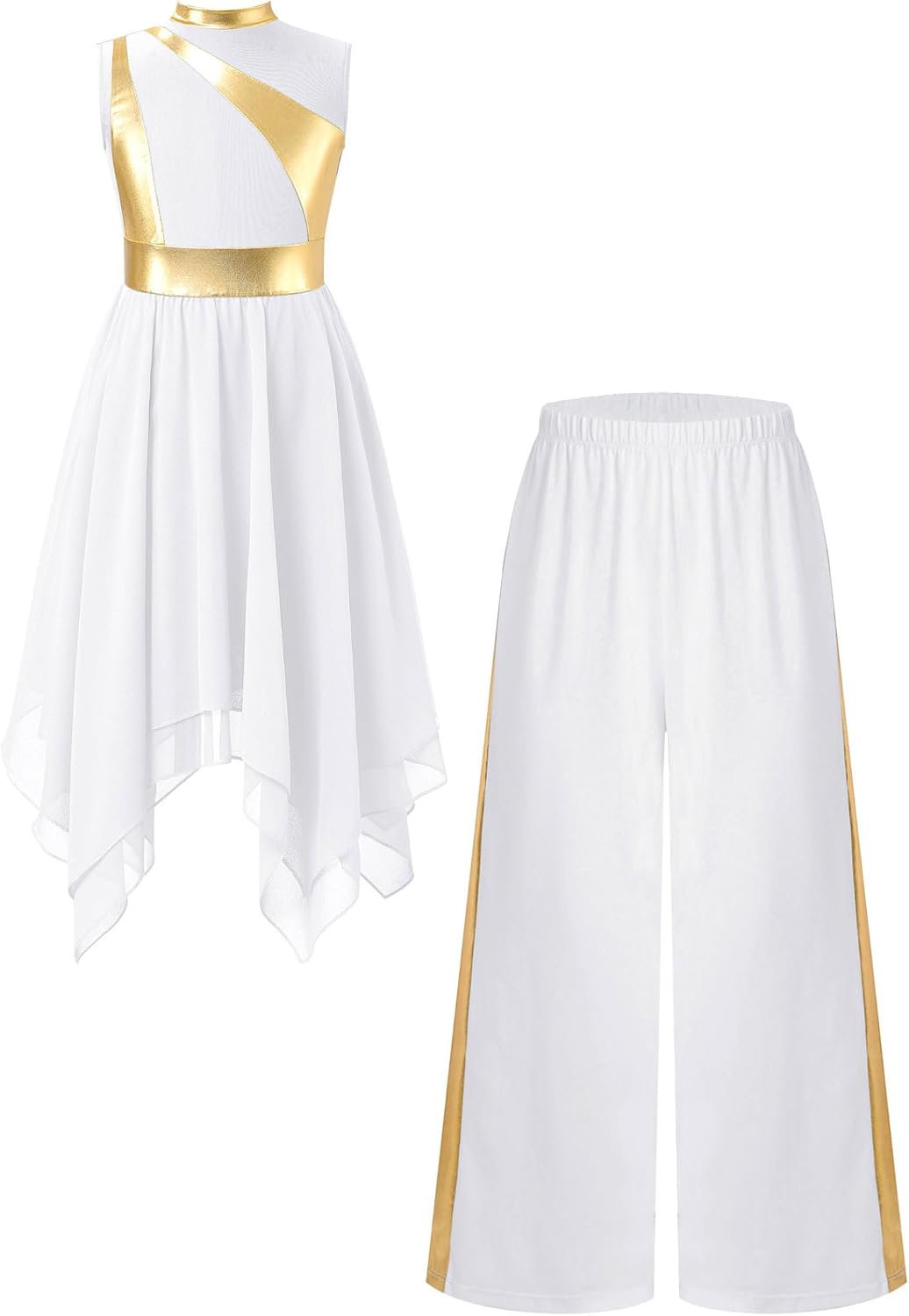 Kids Girls Church Robe Lyrical Worship Outfits Metallic Liturgical Praise Dance Dress with Wide Leg Pants