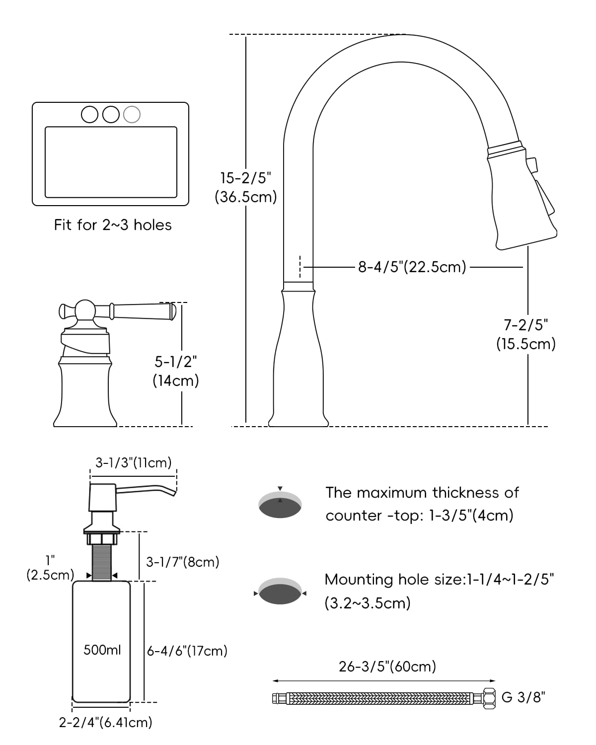 DAYONE - Grifos de fregadero de cocina de 3 agujeros con pulverizador extraíble y dispensador de jabón, llave de fregadero de níquel cepillado de 2 agujeros para cocina, arco alto de un solo mango