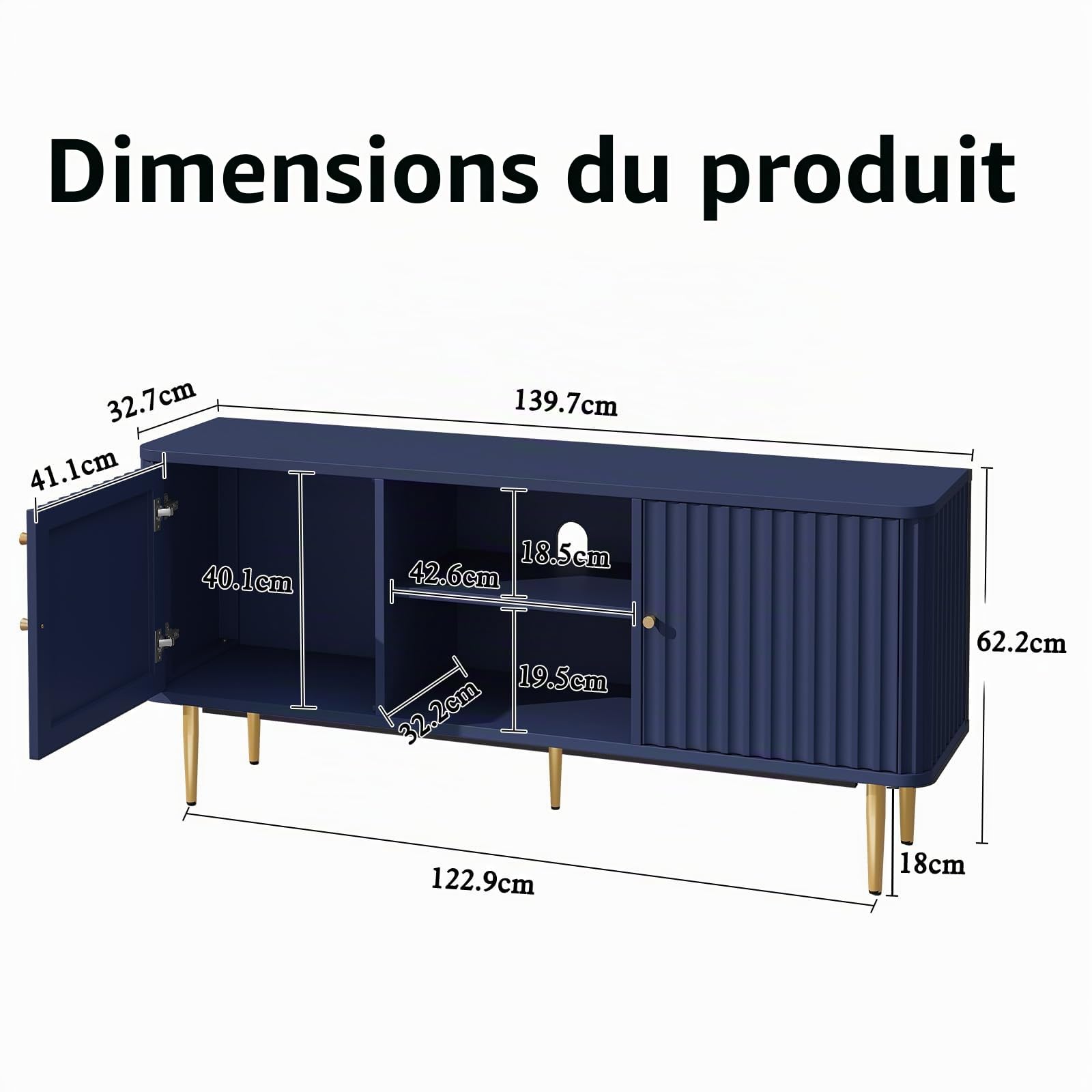 Meuble TV-Armoire TV en bois Table TV avec 2 portes Meuble bas pour téléviseur Étagère TV pour salon, salle à manger, chambre à coucher, Style moderne (Bleu)