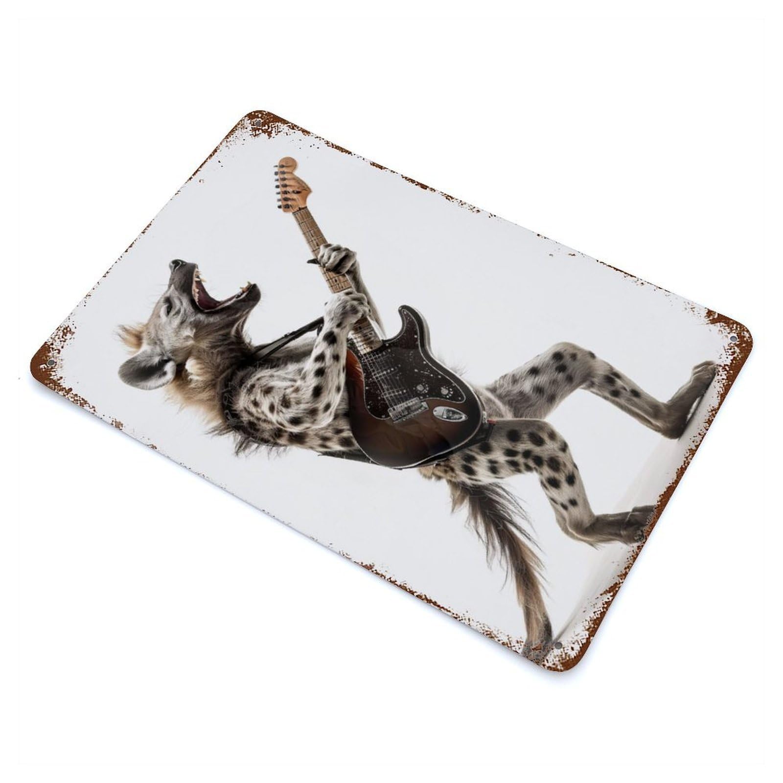 Hyena Guitar Aged Metal Wall Plaque 11.8"x7.9", Industrial Home Decor for Pub, Kitchen And Man Cave Decor
