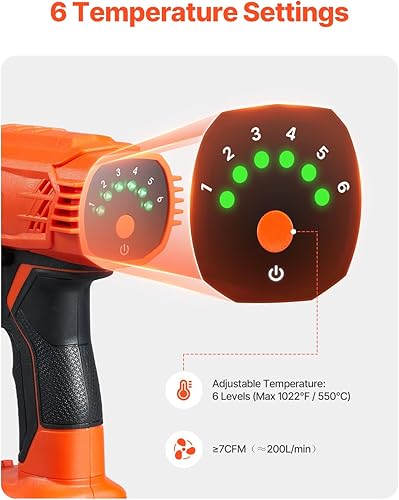 Miniatura 3 de VEVOR Pistola de calor inalámbrica, pistola de aire caliente compatible con baterías de litio DEWALT de 20 V, pistola termorretráctil máxima de 1022