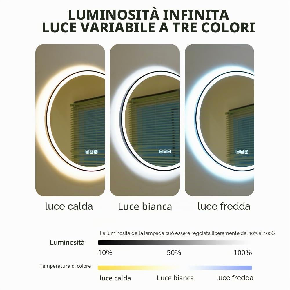 Specchio rotondo LED da 70 cm, specchio da bagno con luce, anti-appannamento, vetro temperato, 3 colori dimmerabili, retroilluminazione frontale e posteriore, CRI90+, pulsante touch