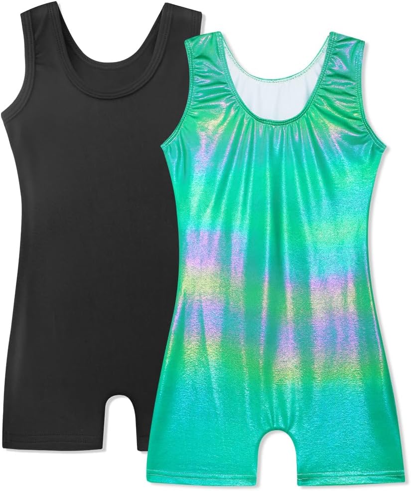 HOZIY 2 Pack Girls Gymnastics Leotards for Kids Toddlers Dance Outfits with Shorts Biketards Tumbling Clothes Sparkly image 2