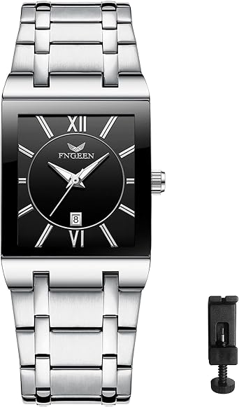 Analog Quartz Square Watch: Men's Gold Big Face Waterproof Calendar Stainless Steel Rectangle Business Wrist Watch, silver black, Contemporary