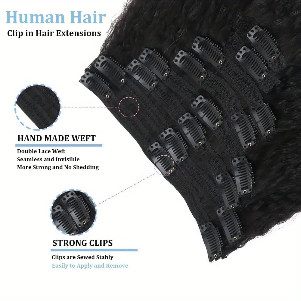 8 sztuk przedłużek z prawdziwych włosów Kinky Yaki Straight Clip In do czarnych, podwójnych strzałów, 120 g