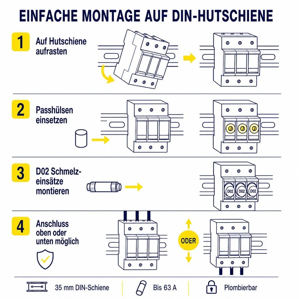 grenda-hammer® | Neozed Lasttrennschalter Set D02-3-polig Set mit Sicherungen und Passhülsen (Lasttrenner Set 3x35 Ampère)