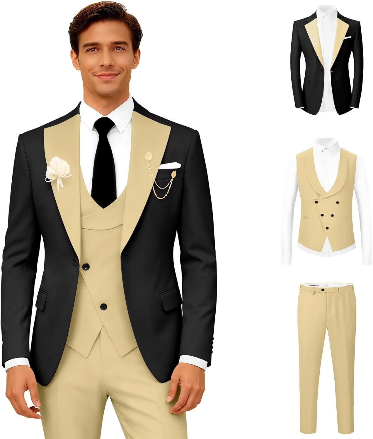 Wangyue 3 Piece Mens Tuxedo Suit Slim Fit Tuxedo for Men Double Breasted Wedding Prom Suits Blazer Vest Pants Sets 2026 - Image 4