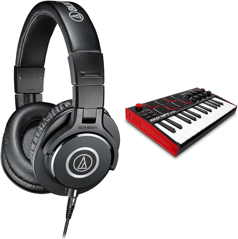 Audio-Technica M40x Professional Studio Headphones for studio recording, creators, DJs, podcasts and everyday listening & AKAI Professional MPK Mini– 25 Key USB MIDI Keyboard Controller