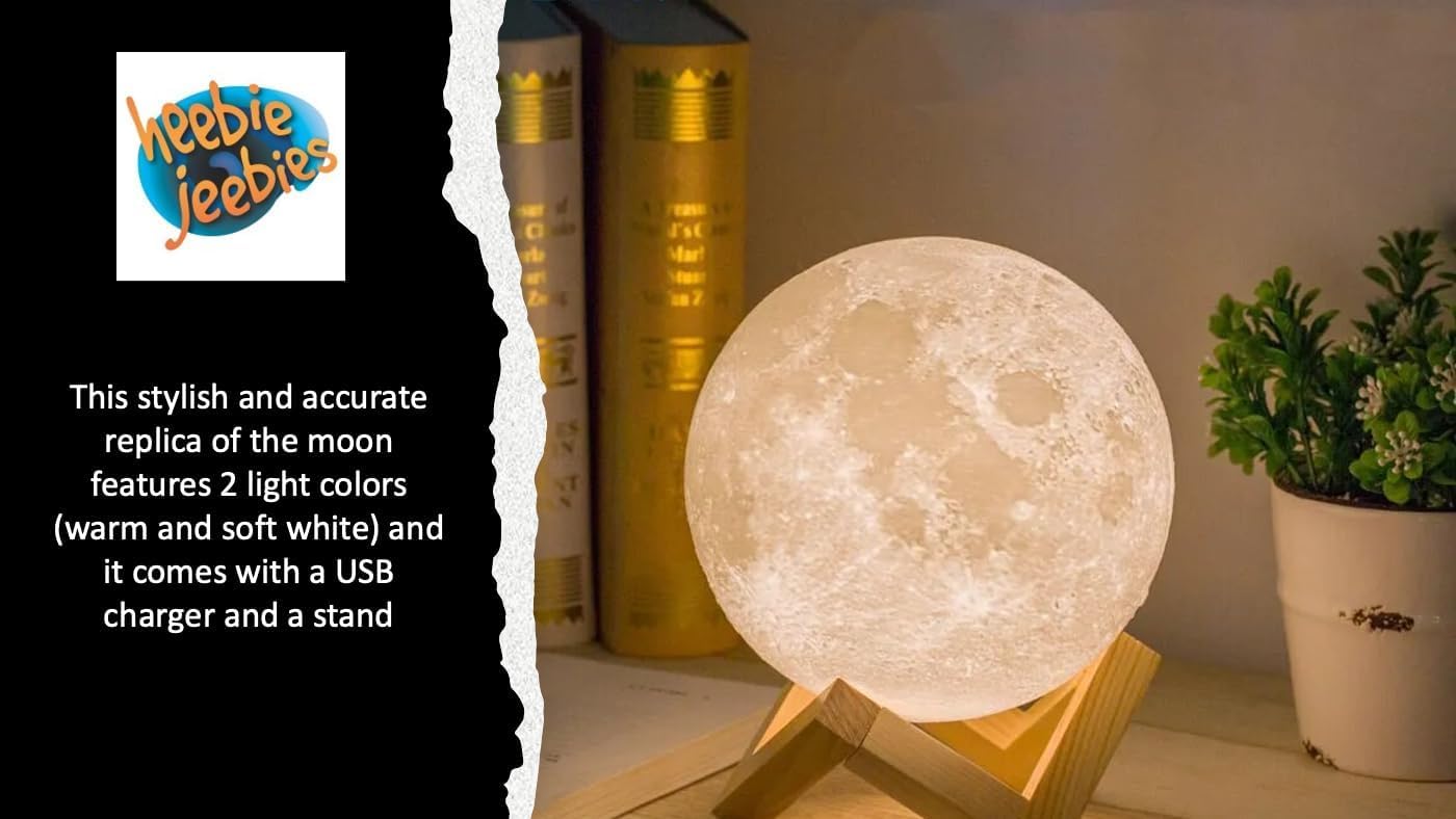 Heebie Jeebies Rechargeable Lunar Night Light- 3D Printed Moon LED Light for Kids or Adults- 2 Color Sphere for Indoor Camping, Bedroom, or Any Room- Gift for Outer Space Fans and Future Astronauts
