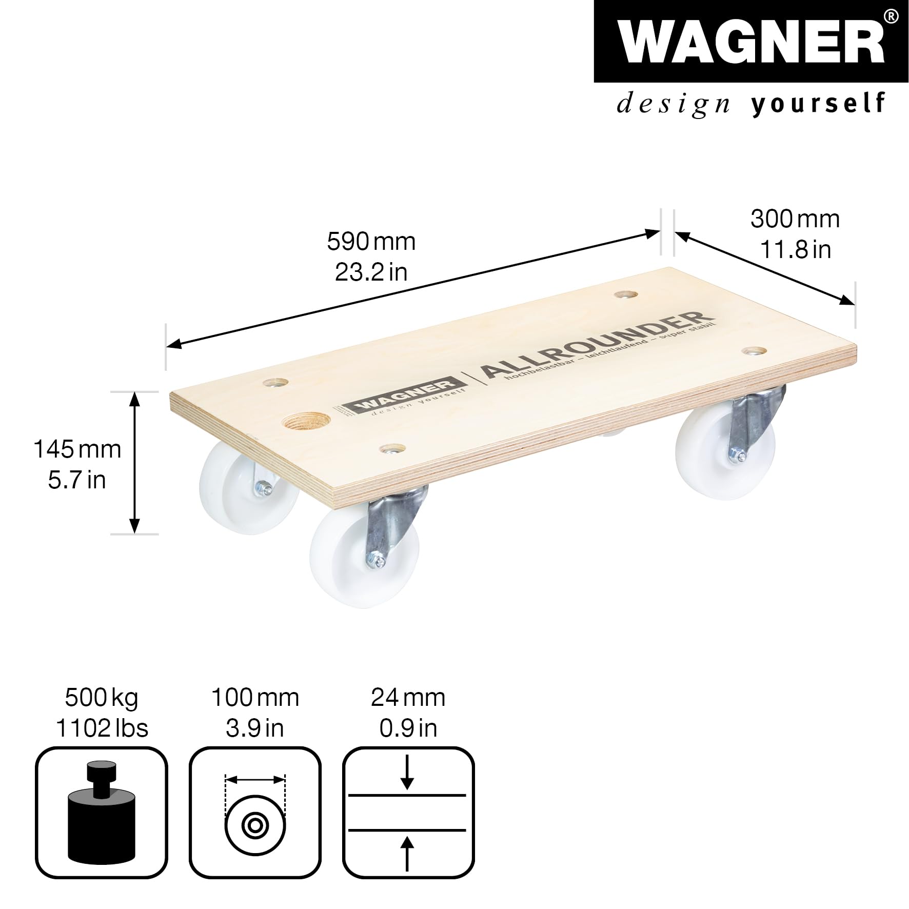 WAGNER Design Yourself Chariot de Transport MM 1127 I 59 x 30 cm - Charge 500 kg - Plateau multiplex 24 mm - Trou de Transport - pour Objets encombrants, équipements et Meubles certifié FSC-20112701