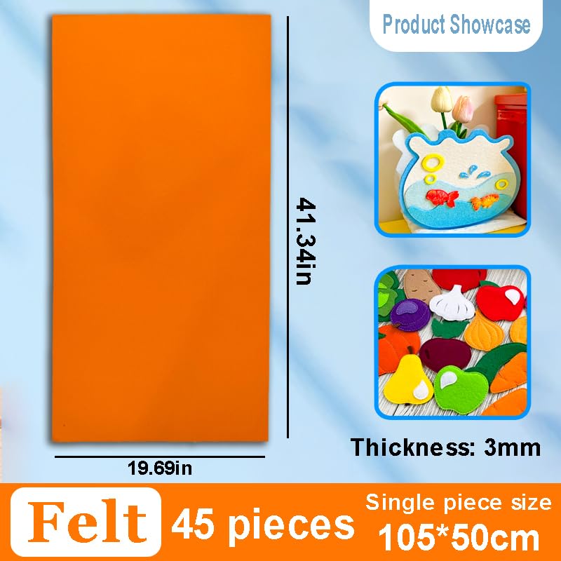 Filc, 45 kolorów, arkusze filcu o grubości 3 mm do szycia i rękodzieła, dekoracje świąteczne z włókniny filcowej(Size:45 pieces/105 * 50cm（41.34 * 41.69in）)
