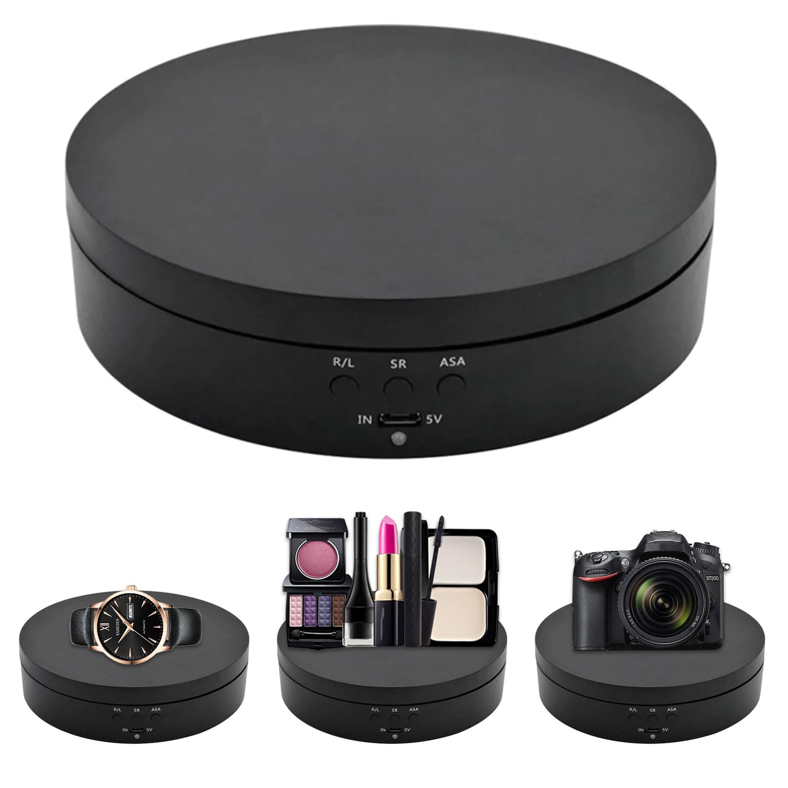 JASOLYI 360° Rotating Display Stand, Automatic Mute Rotating Turntable 13.8cm Angle and Direction Adjustable Turntable for Theme Exhibition, Window Display, Product Display(black,matte)