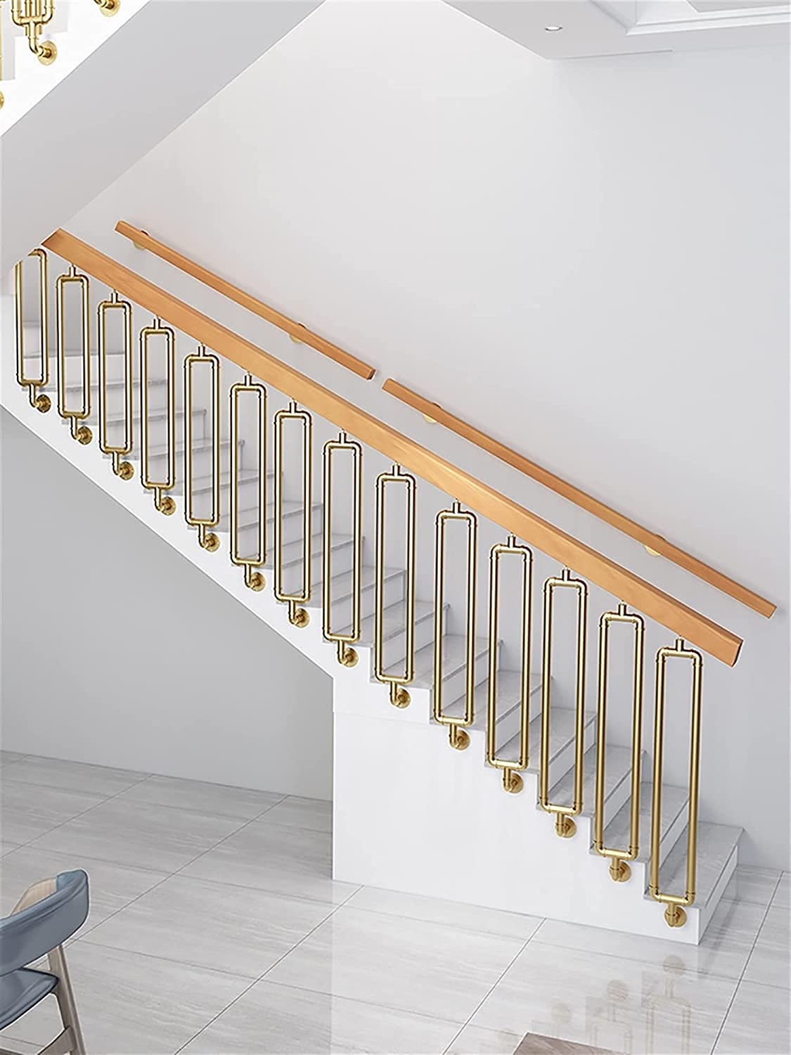 X&Z-XAOY Holzhandläufe Für Treppen Mit Goldener Halterung, Rutschfestem Haltegriff Für Ältere Menschen/Behinderte An Der Wand Befestigter Moderner Quadratischer Treppenhandlauf (Size : 2m(6.5ft))