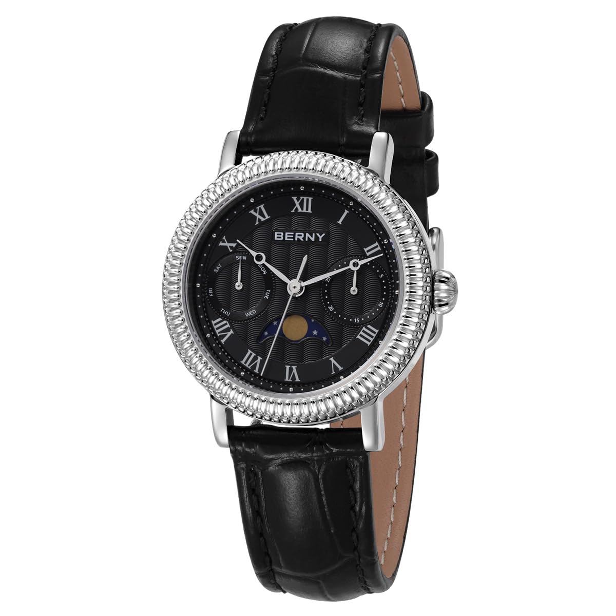 BERNY Damenuhr Damen Quarzuhr Mondphase Analoge Uhren Echtleder Armband Mode Uhren für Frauen 3ATM Wasserdicht