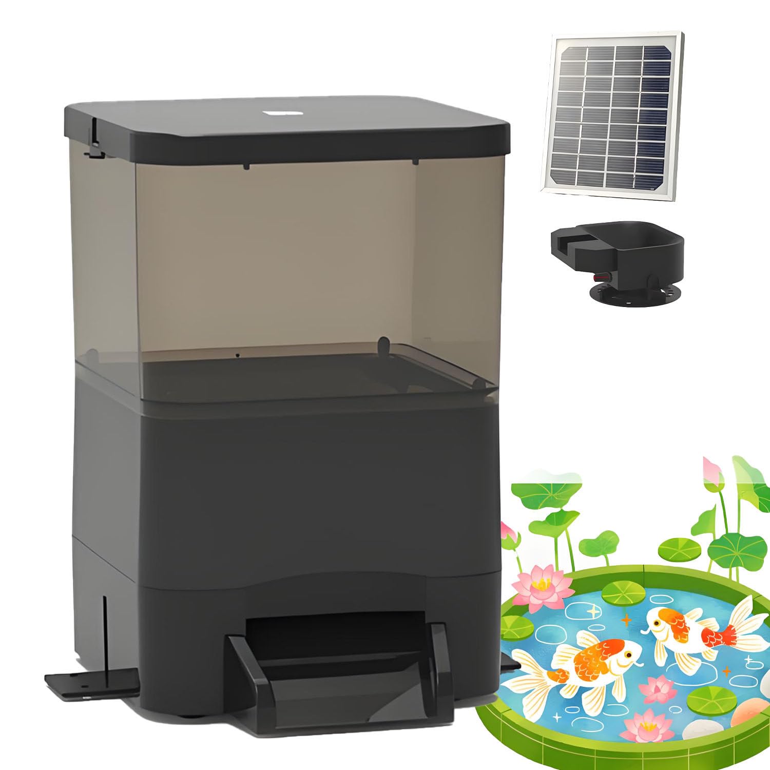 BOOZXCV Automatic Fish Feeder,Solar Powered Fish Food Dispenser,120° Wide Dispersion Auto Fish Feeder With Timer, Large Capacity For Aquariums Koi Goldfish & Outdoor Ponds (Black 10L)