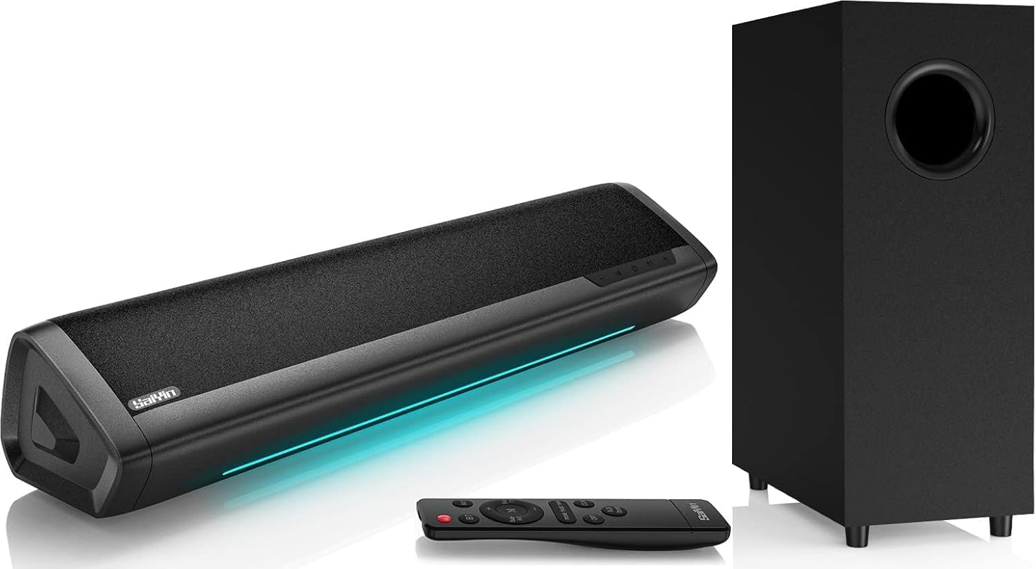 Saiyin Soundbar con Subwoofer per TV, Soundbar da 17 Pollici, Home Cinema 2.1 Canali con Bassi Regolabili, Indicatore di Volume e Ingressi Bluetooth/Ottico/AUX per TV, PC, Proiettore