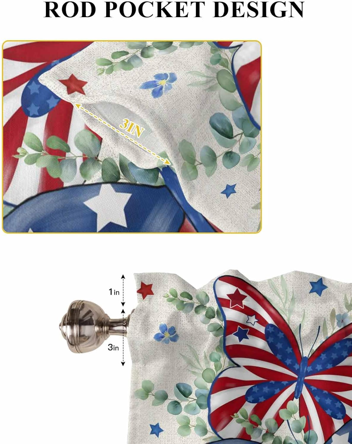 Independence Day Star Window Curtain Tiers 2 Panels Rod Pocket Semi Sheer Tier Curtains 27.5"x36", Butterfly Eucalyptus Leaves Flower Flag Curtain for Kitchen Bathroom Living Room Bedroom