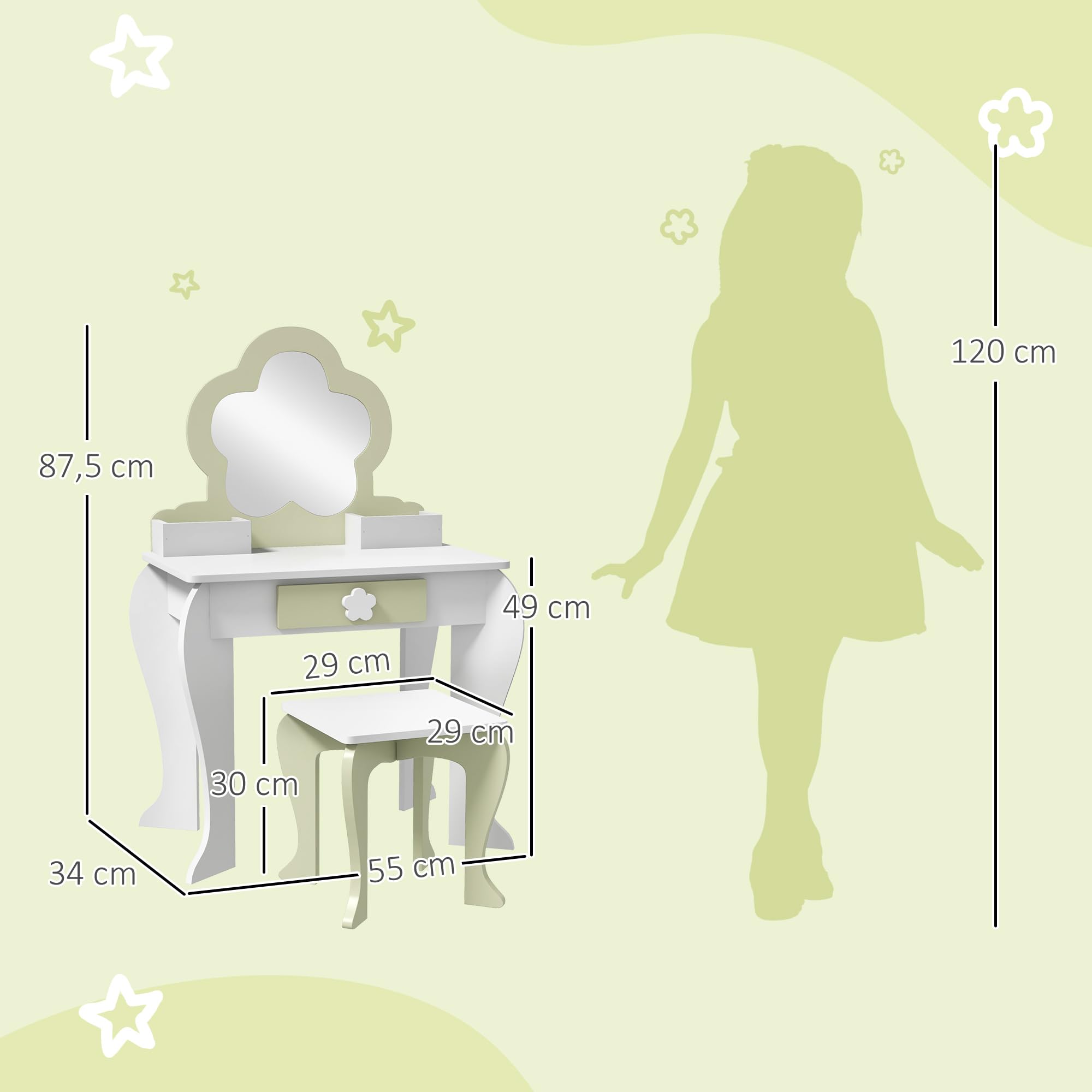 ZONEKIZ Tocador para Niñas con Espejo y Taburete Tocador de Maquillaje para Niñas de 3-6 Años con 2 Cajas y 1 Cajón 55x34x87,5 cm Blanco y Verde Pastel