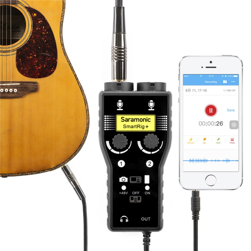 Saramonic SmartRig+ Microphone karaoké XLR / 3,5 mm à 2 canaux Mélangeur Audio Préampli et Interface de Guitare pour appareils Photo Reflex numériques Caméscope iPhoneX 8 7 et iPad Smartphone Android