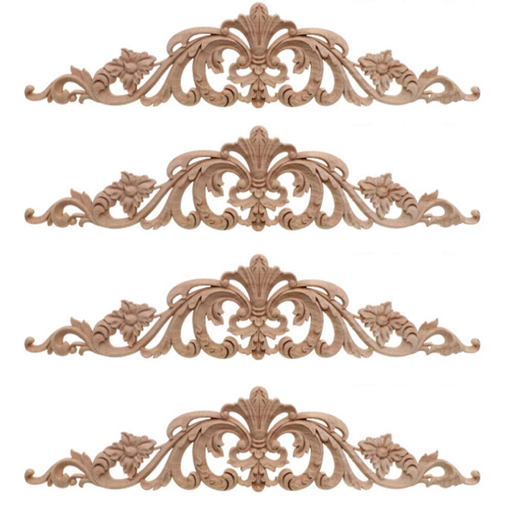 Amasawa 4Pcs Wood Carving Decal,30 * 6 cm Wood Carved Long Applique,Wood Carved Furniture Appliques Corner Onlay Applique Furniture Home Door Decor DIY