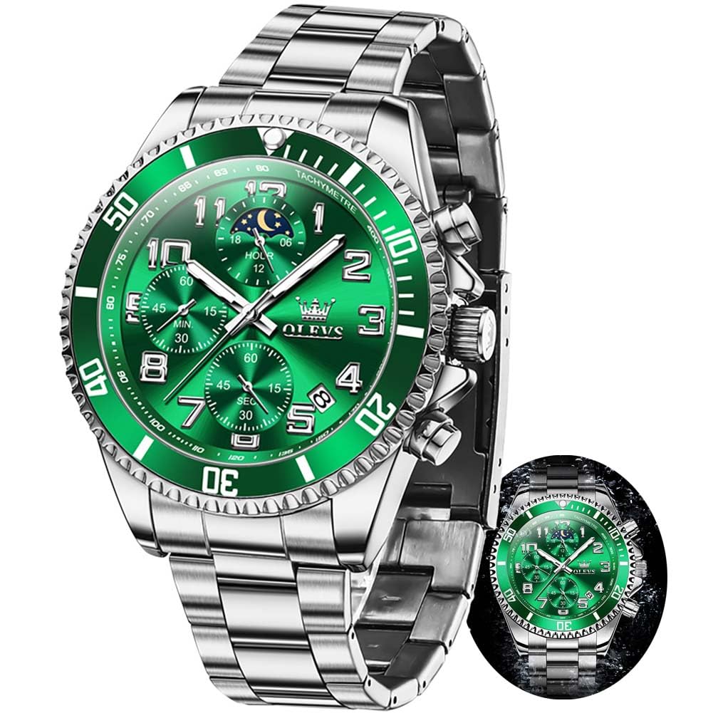 Relojes OLEVS para hombre, cronógrafo, lujosos, de acero inoxidable, impermeables, para hombre, calendario de negocios luminoso con fase lunar, calendario empresarial, azul, negro, verde, dorado y esfera