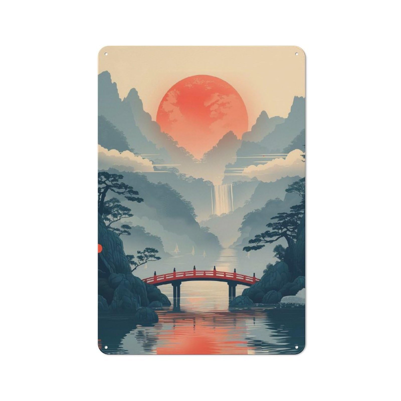 Junmoney Japanese Mountain Landscape Metal Plaque 30X20cm With For Garage Wall, Retro Decor, Housewarming Present For People Styling Garage