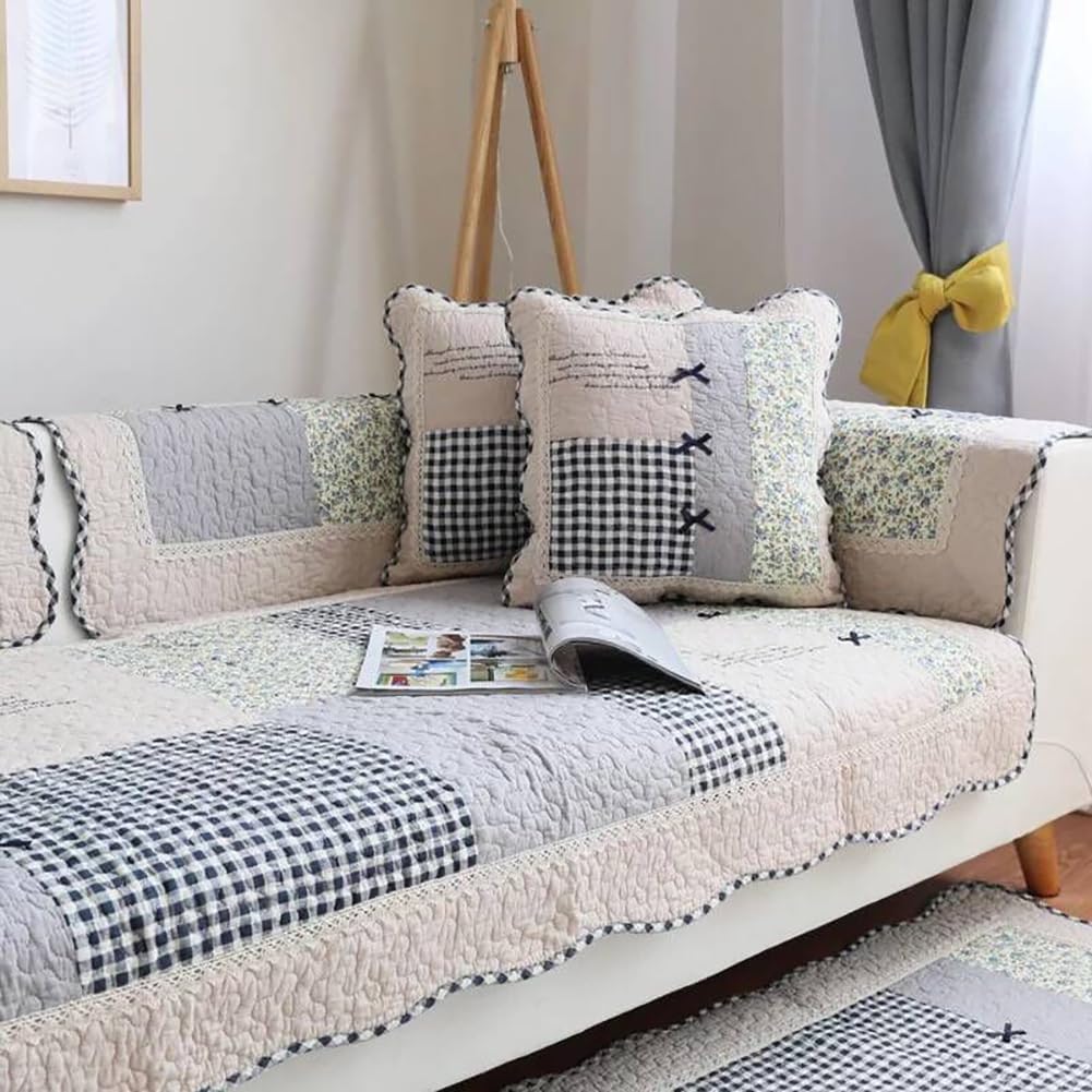 vctops Patchwork Throw Pillow Cover Farmhouse Floral Plaid Pattern Decorative Cushion Covers Cotton Quilted Square Pillowcases for Sofa Couch Bedroom, 2 Pack