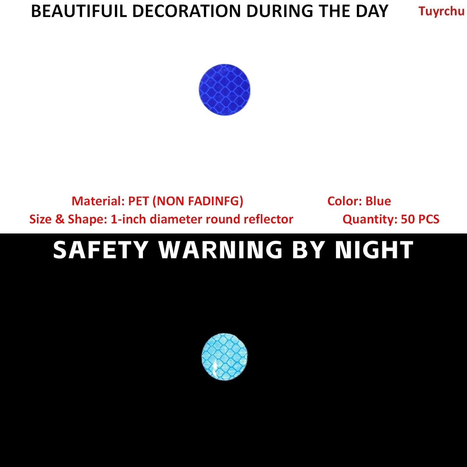 Non Fading Blue Reflective Stickers 1-inch Diameter Round Reflector, Outdoor Waterproof High Visibility Warning Adhesive Tape (50 Pcs)