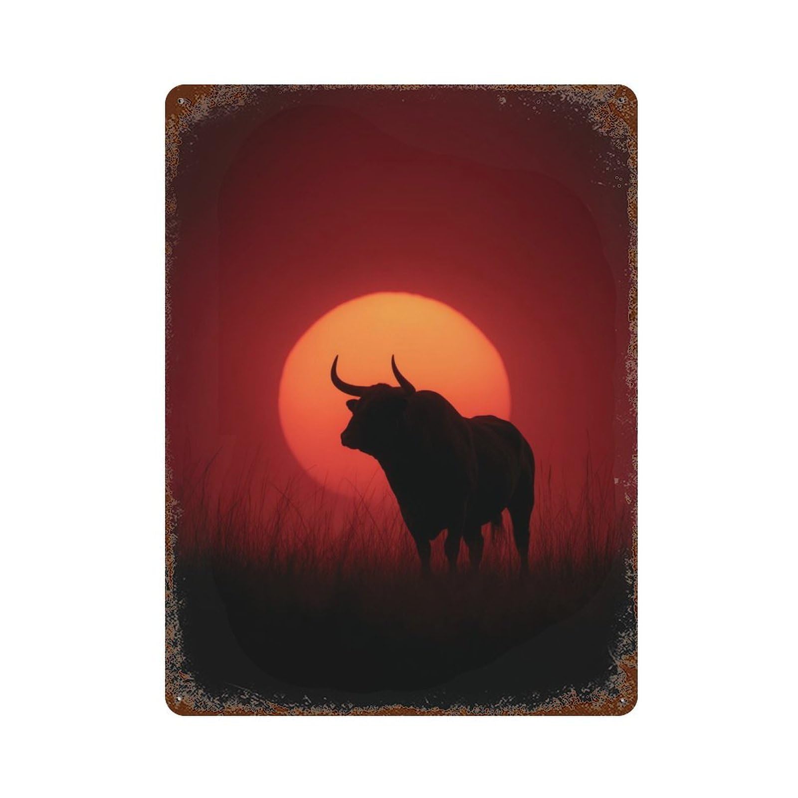 Bull Sunset Silhouette Rust Effect Tin Sign 15.7"x11.8", for Farmhouse, Kitchen And Entryway Decor, Decorative Metal Wall Art