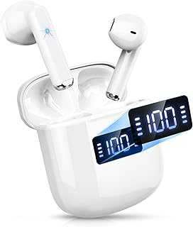 Wireless Earbuds, Bluetooth 5.3 Headphones with ENC Noise Cancelling Mics, Wireless Headphones In Ear Mini HiFi Stereo Sound, Wireless Earphones Sport IP7 Waterproof 25 Hours LED Display, White