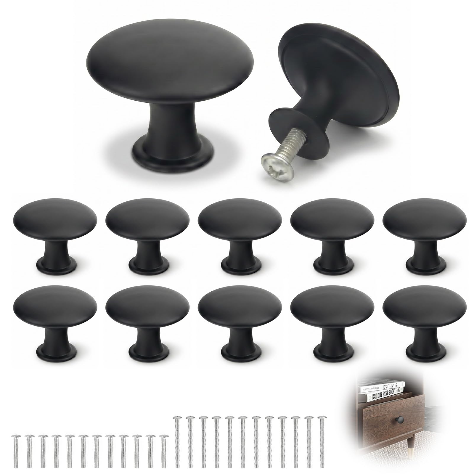 Aragon Flow 12 Pcs BlackDrawer Knobs, 30mm Round Cupboard Knobs, Vintage Matted Door Knobs, Kitchen Cupboard Handles Made of Stainless with Screws for Wardrobes Kitchen Furniture