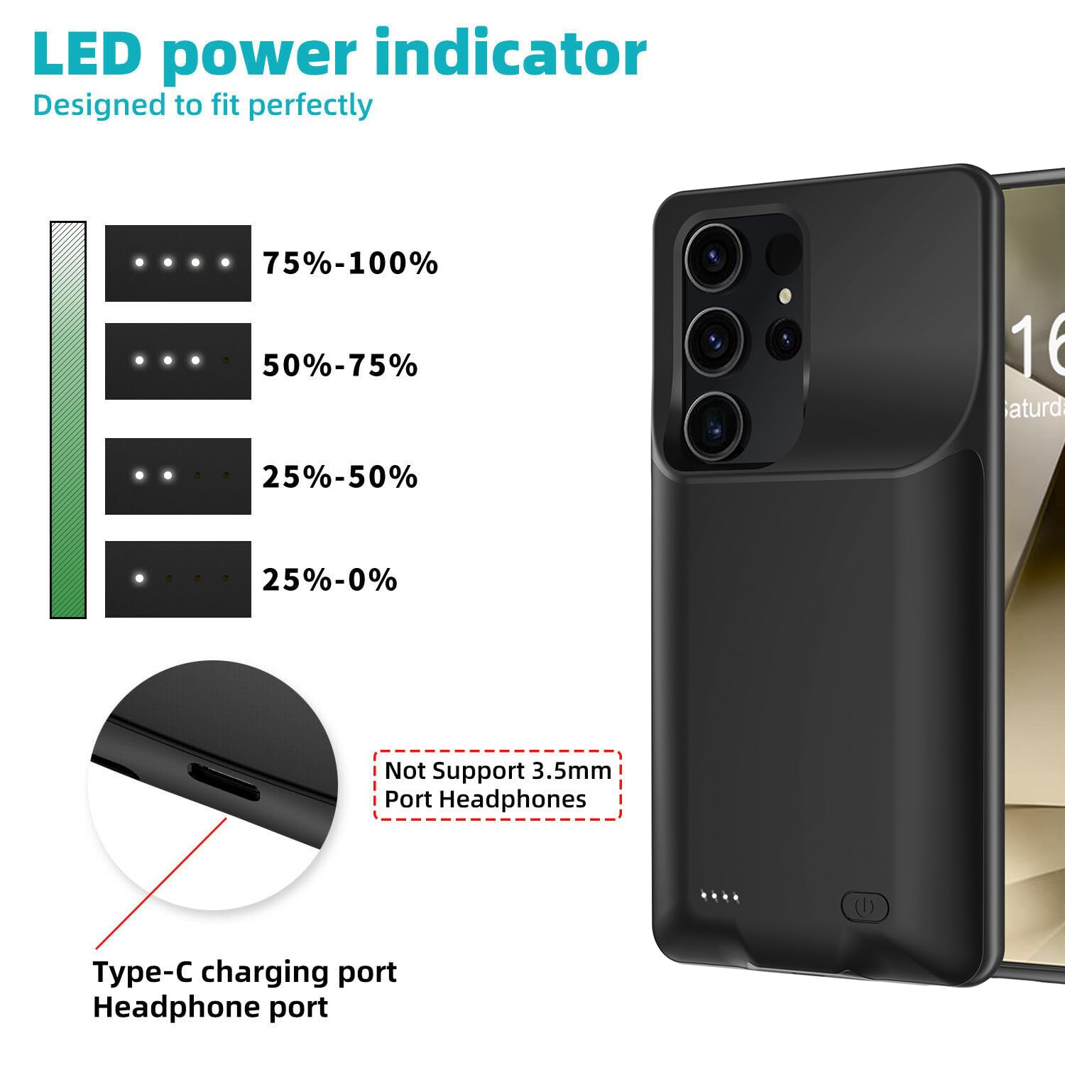 Etui na baterie 10000mAh do Samsung Galaxy S24 Ultra ładowalna obudowa ładująca, przenośna obudowa baterii do Samsung Galaxy S24 Ultra 5G czarna obudowa zasilania