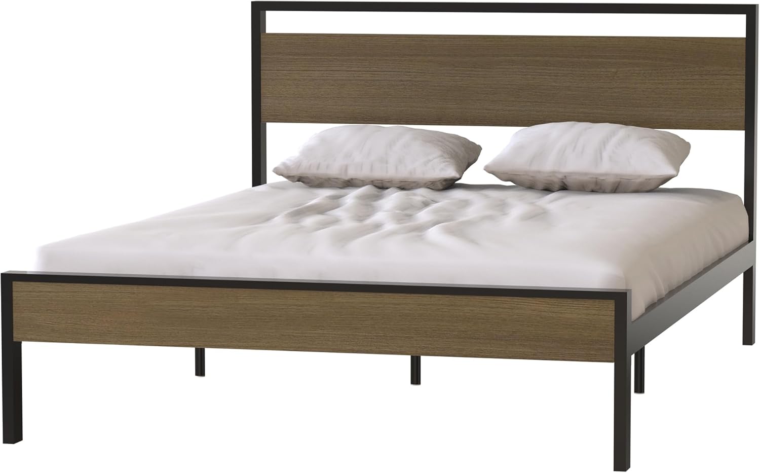 CSNTWK Metal Bed Frame, Black with Cinnamon Wood Headboard