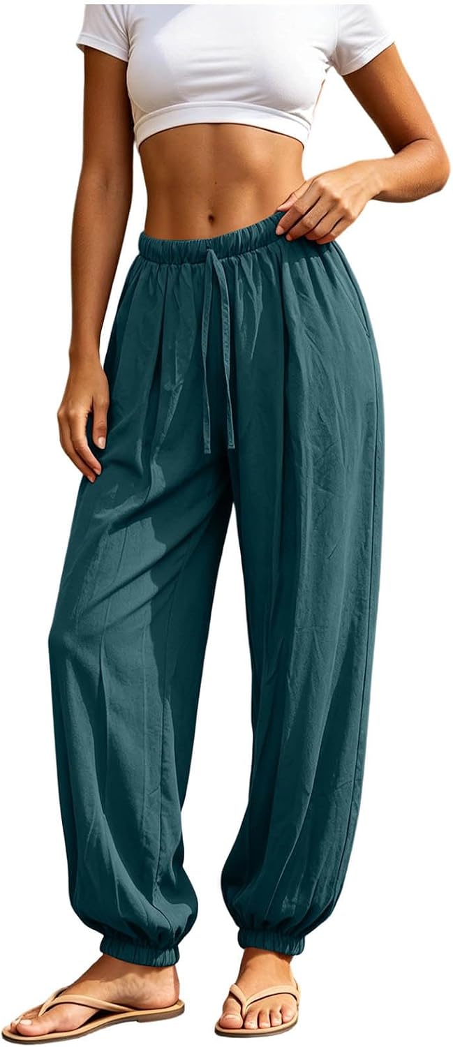 Cotton Linen Harem Pants for Women Boho Palazzo Pants with Pockets High Waisted Elastic Loose Lightweight Trousers
