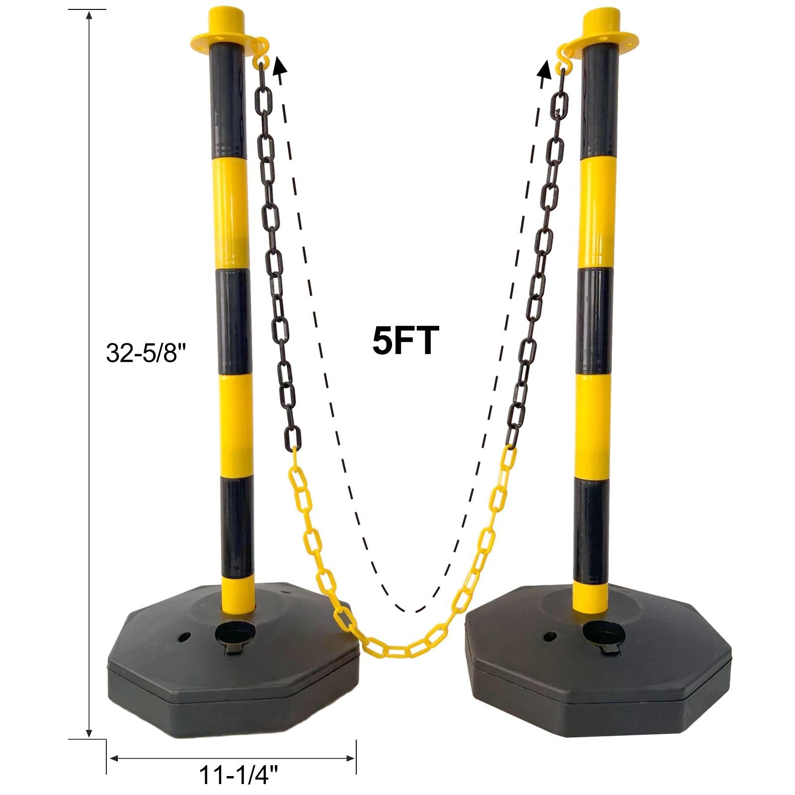 FRITHJILL 6 Pack Plastic Traffic Delineator Post with 5 FT Chains, Traffic Safety Delineator Cones with Fillable Base, Crowd Control Stanchion Set, Yellow