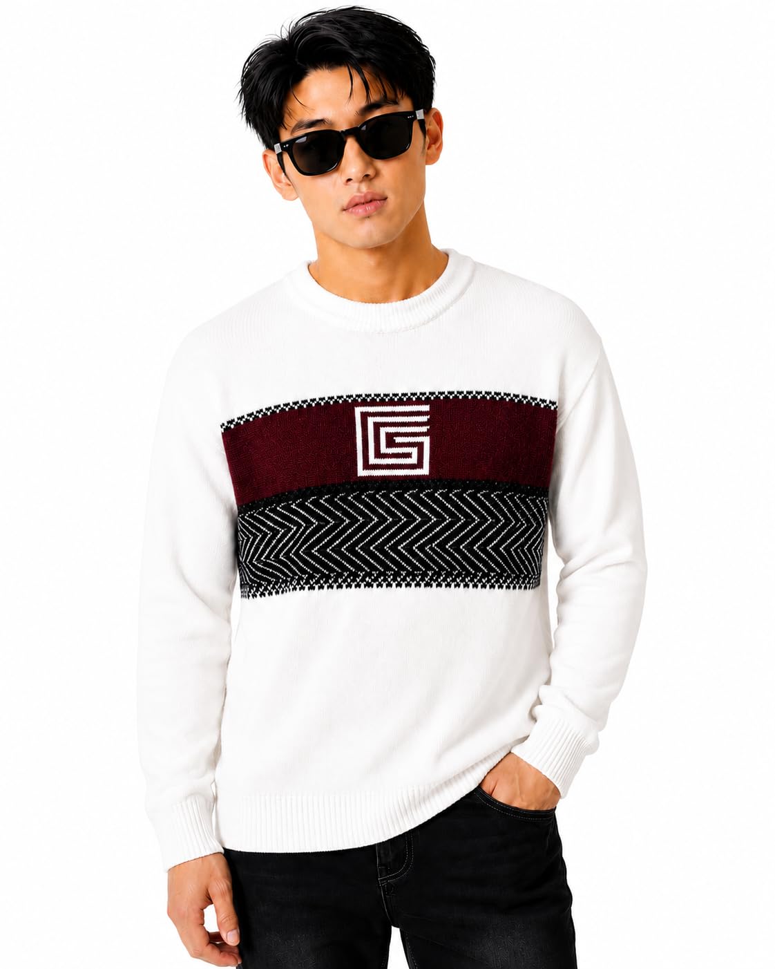 Men's Self Design Round Neck Full Sleeve Soft Knit Winter Pullover | Regular Fit Casual Geometric Pattern Sweater for Men-picture-19