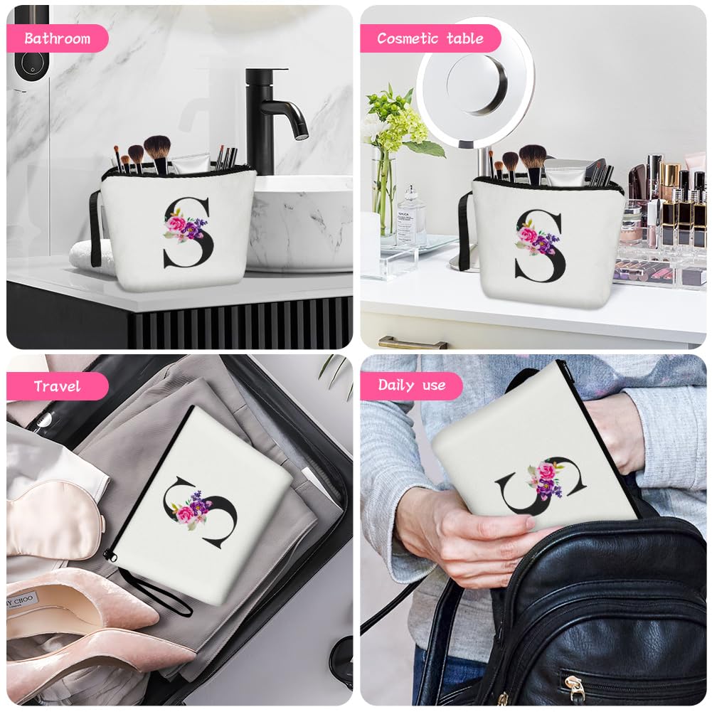 Aucuu Neceser Maquillaje Mujer, Neceser Mujer Personalizado, Bolsa de Cosméticos de Lona de Letras Impresas, Neceser de Viaje Portátil para Viajes, Almacenamiento (Letra S)