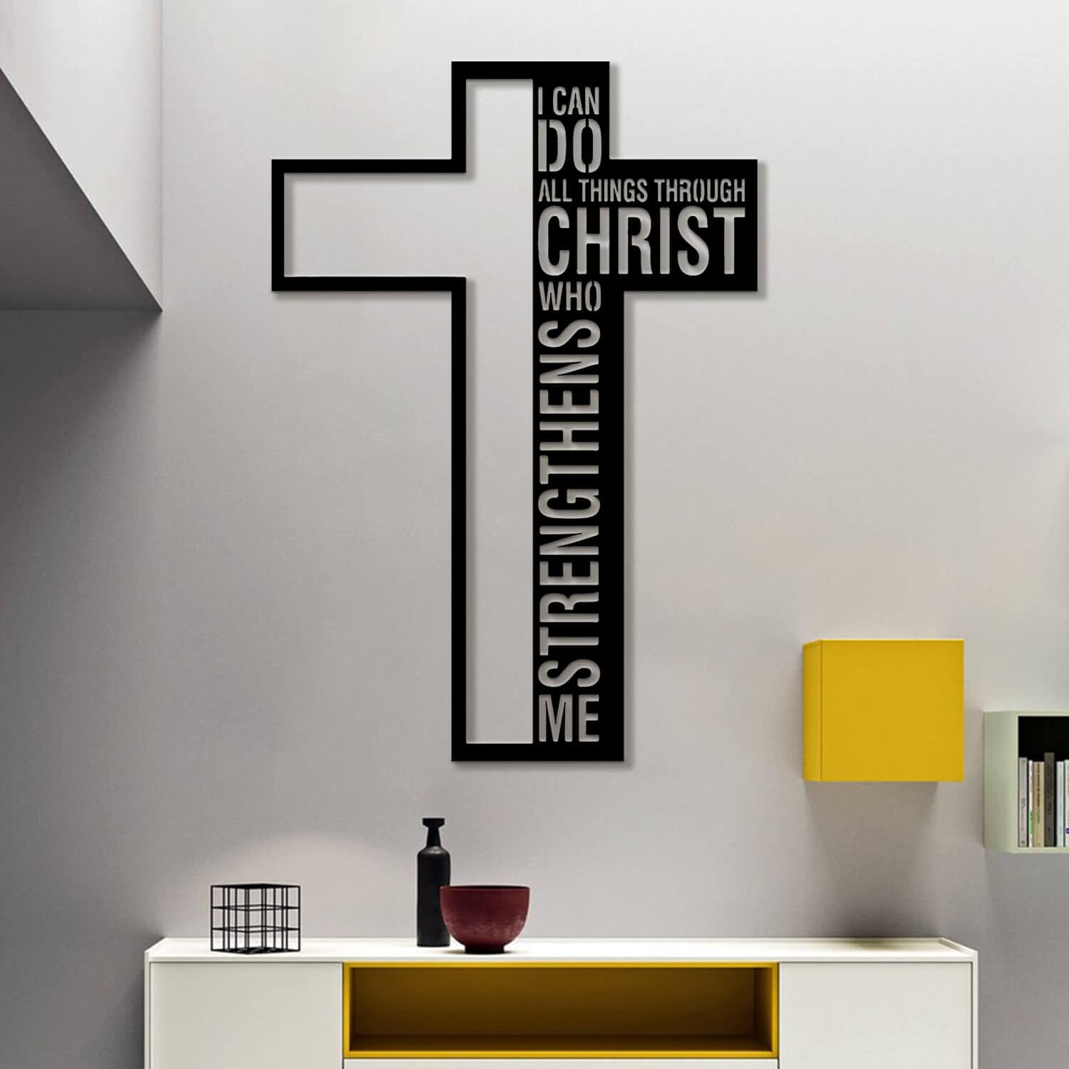 Nowoczesna minimalistyczna sztuka metalowa dekoracja ścienna Mogę zrobić wszystko przez znak Chrystusa Jezus Filipian Krzyż 4:13 Inspirujące (Złota 33" x 47" / 83 120 cm)