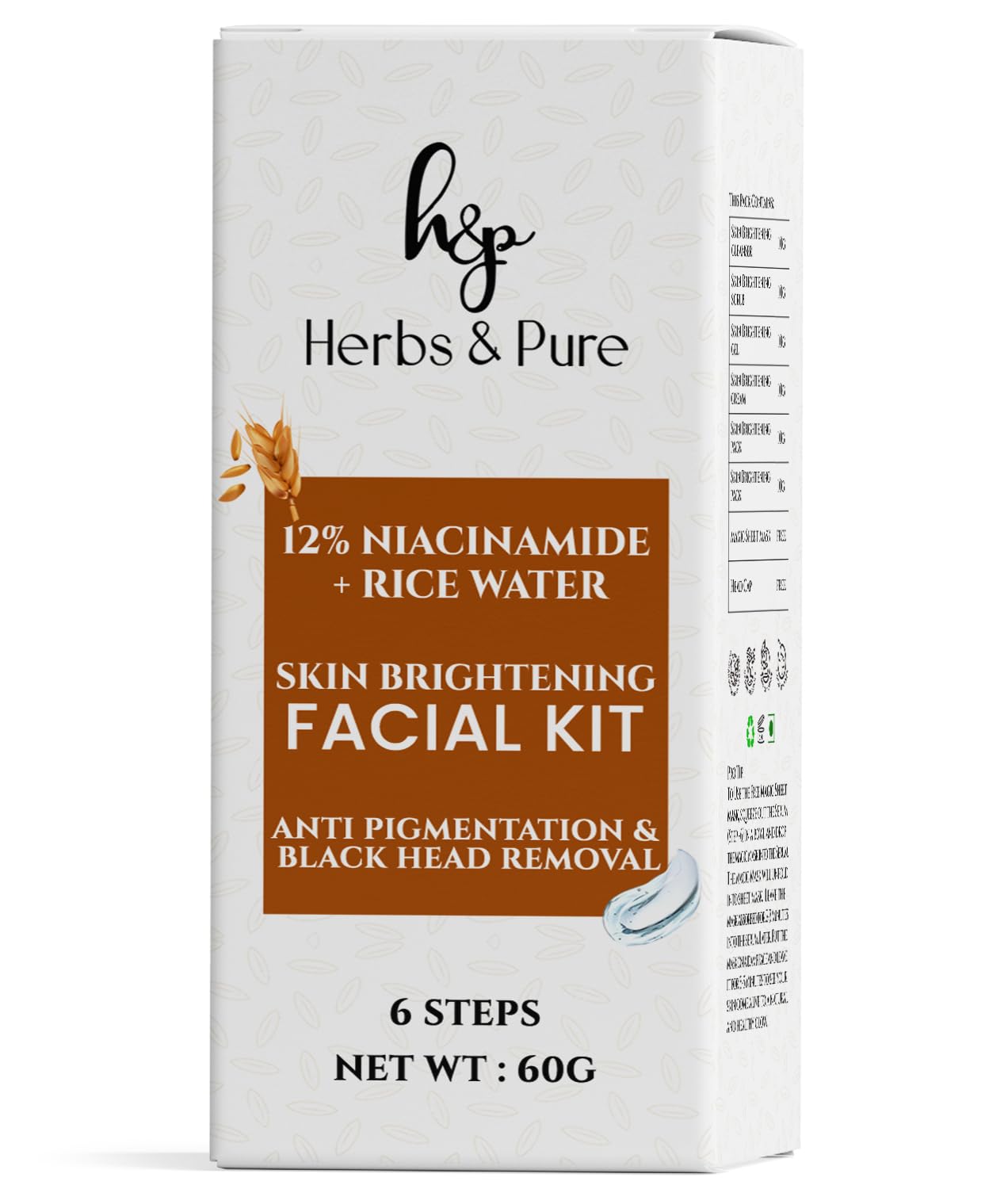 Herbs and Pure 12% Niacinamide & Rice Water Facial kit for Anti Pigmentation and Black Head Removal, 6 Steps Skin Care, 60 Gm With Magic Sheet Mask and Head Cap