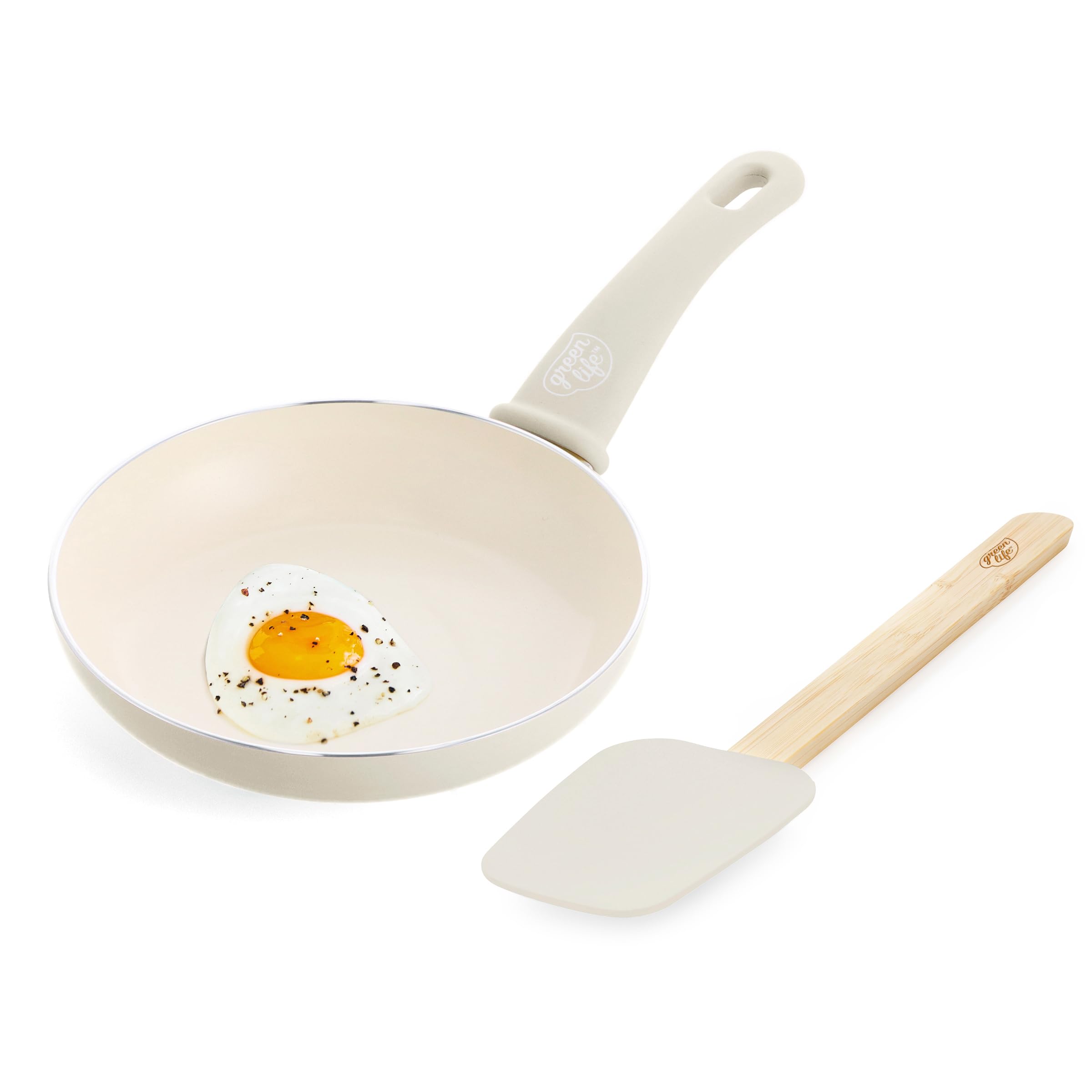 GreenLife Soft Grip 8” Frypan Skillet and Spatula Breakfast Cookware Set, PFAS-Free Ceramic Nonstick, Silicon Spatula with Bamboo Handle, Egg Omelette Bacon, Dishwasher Safe, Stay-Cool Handles, Cream