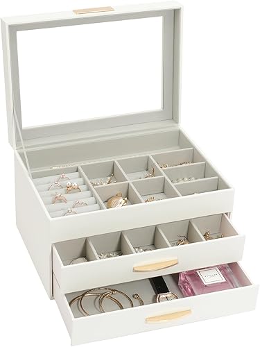 Miniatura 7 de V-LAFUY Joyero con tapa de vidrio, caja organizadora de joyas de 3 capas y 2 cajones, vitrina de joyería, organizador de joyas, cajas de joyería