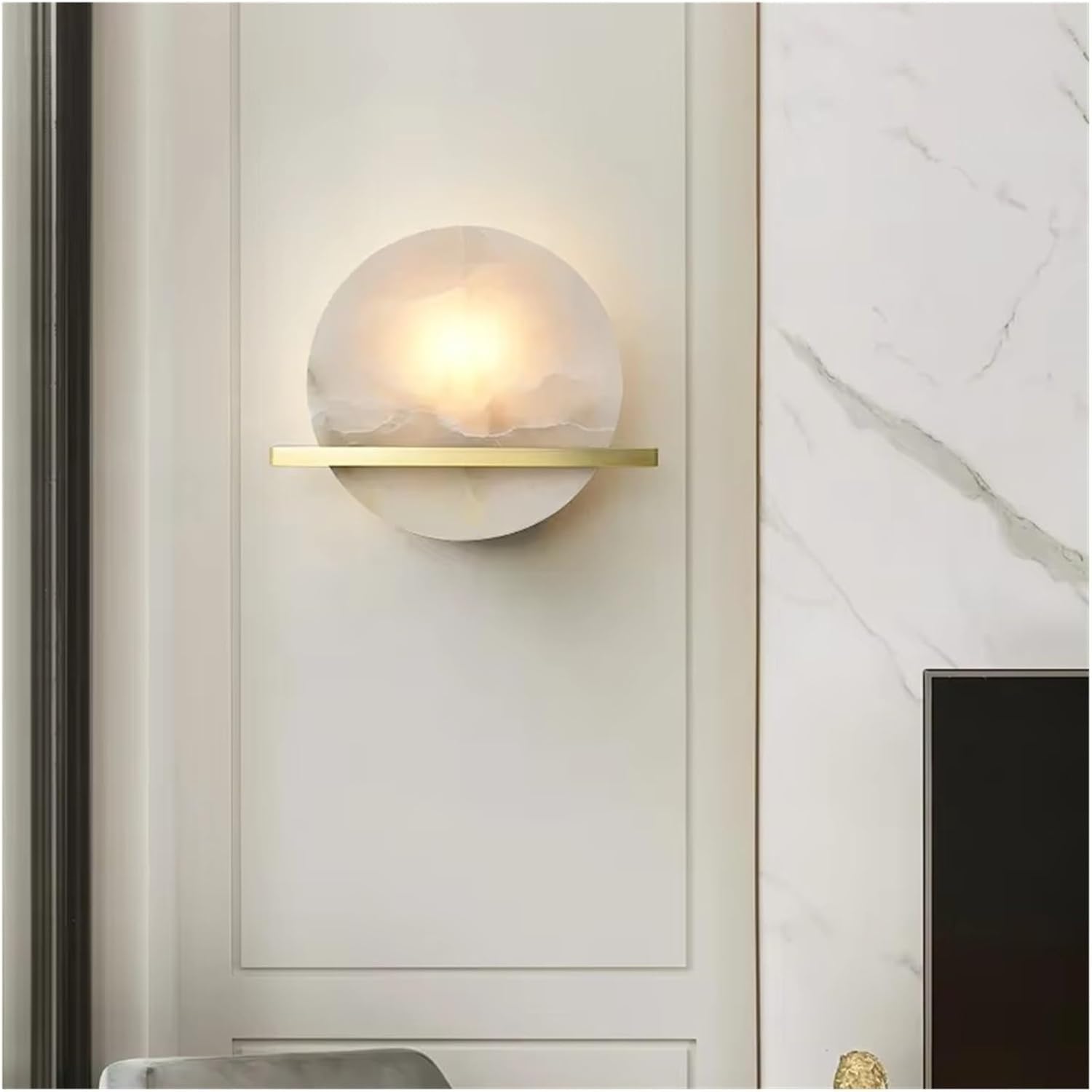 CWCQGH Round Natural Marble Wall Lamp Bedroom Bedside Corridor Staircase Copper,Warm White-D28cm
