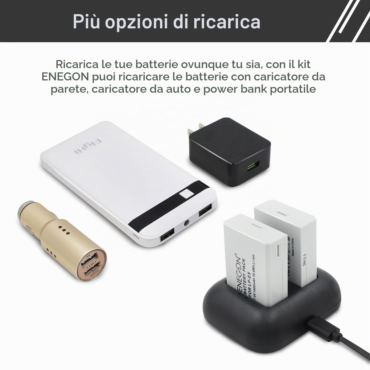 ENEGON Batteria di ricambio (2-Pack) e caricatore rapido doppio per Canon LP-E5 e Canon EOS Rebel XS, Rebel T1i, Rebel XSi, 1000D, 500D, 450D, Kiss X3, Kiss X2, Kiss F