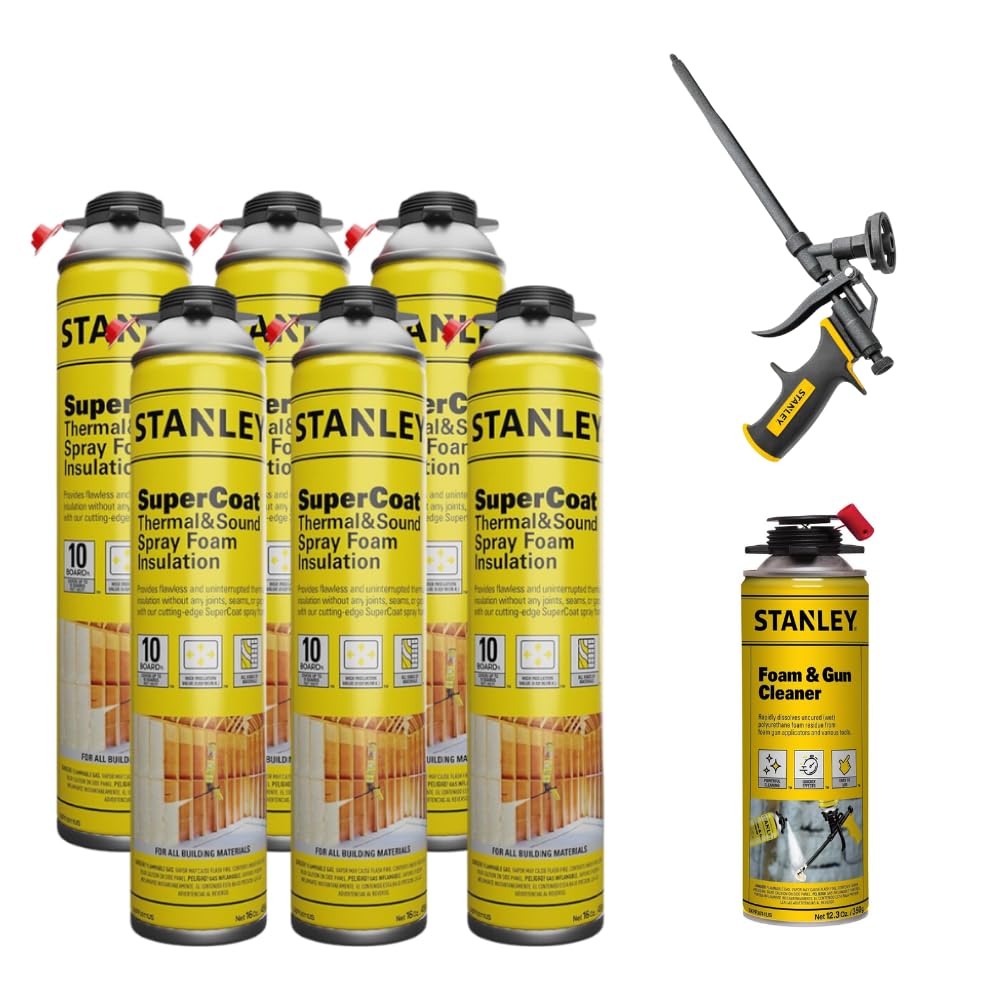 STANLEY Supercoat Spray Foam Insulation Kit - Closed Cell Spray Foam Covers Up to 120 Sq.Ft. - Including Gun, Cleaner, Safety Items - 27.1 oz, 6 Pack
