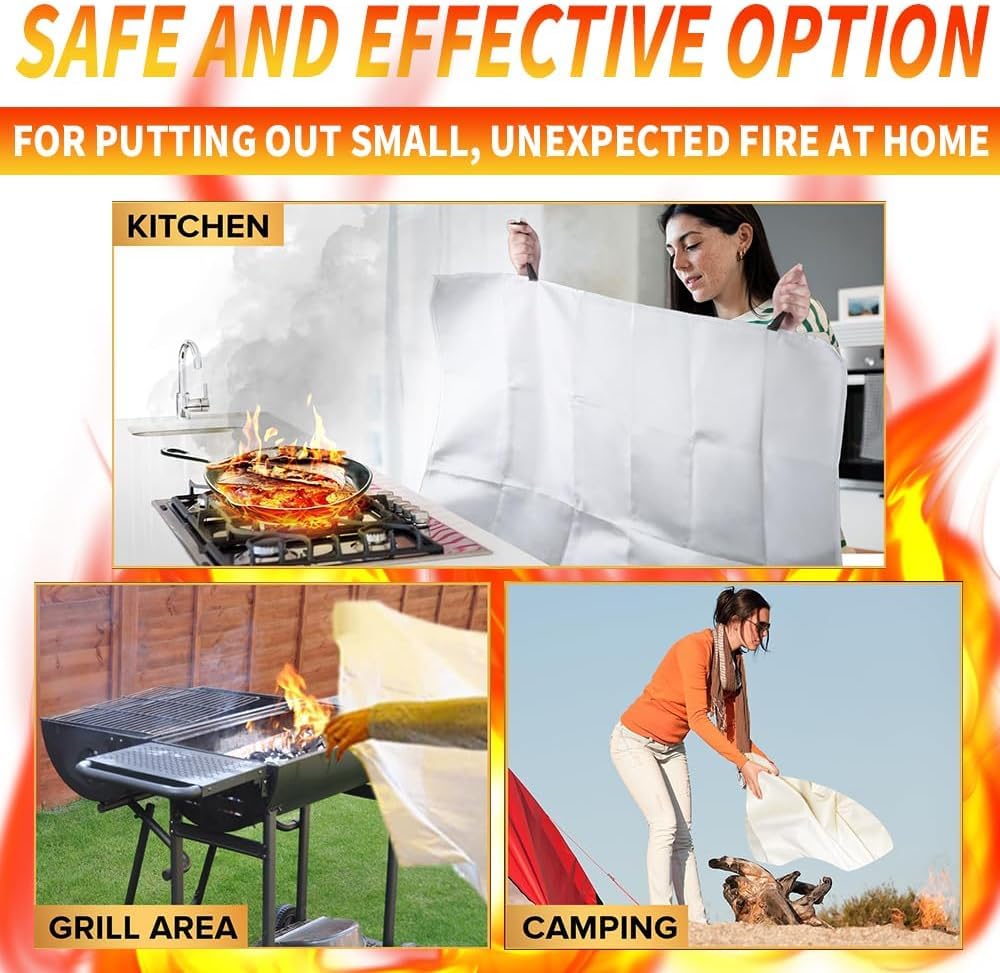 Paquete de 2 mantas de emergencia resistentes al fuego (1 m²) | Herramienta de lucha contra incendios de fibra de vidrio con par de guantes para el hogar, coche, cocina, parrilla, oficina