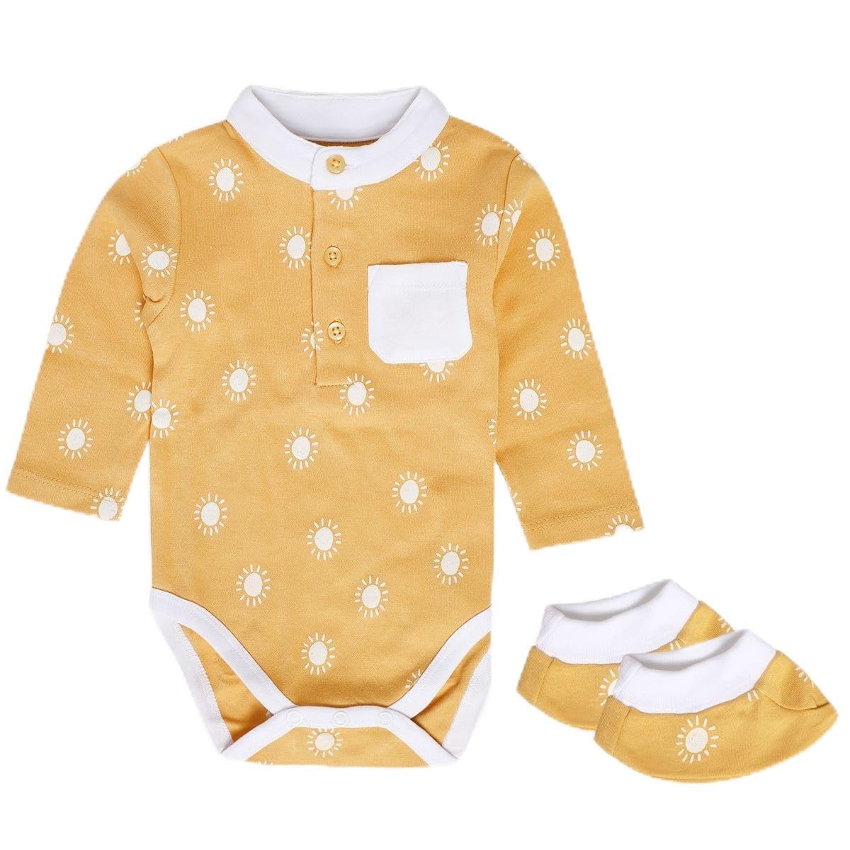 miniklub New Born Mustard Color Bodysuit,Mittens & Booties Set-image-47